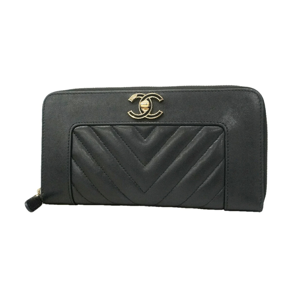 Chanel V-stitch long wallet, Mademoiselle lambskin, black champagne, women's.